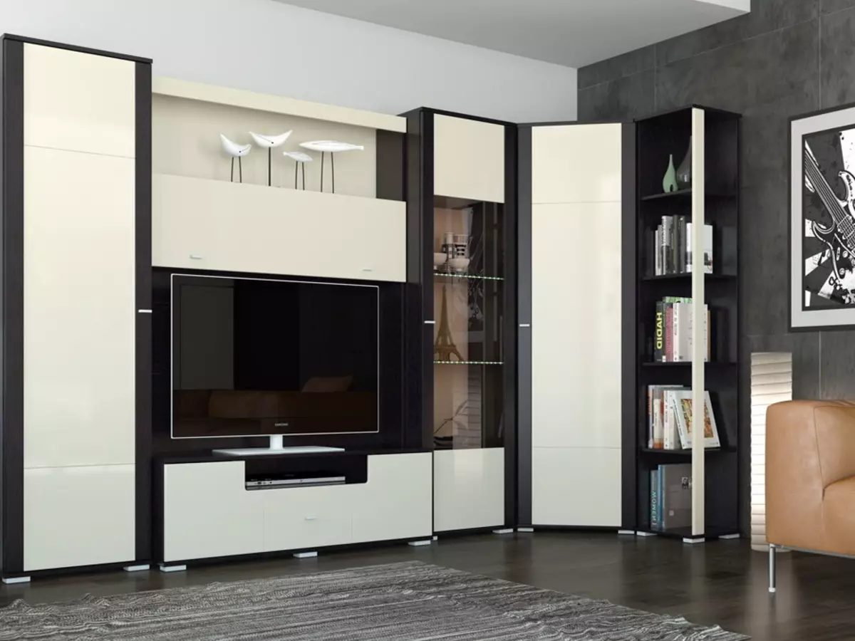 Dinding sudut di ruang tamu (80 foto): Pilih dinding modular modern dengan lemari pakaian dan dinding mini dalam gaya klasik 21241_18