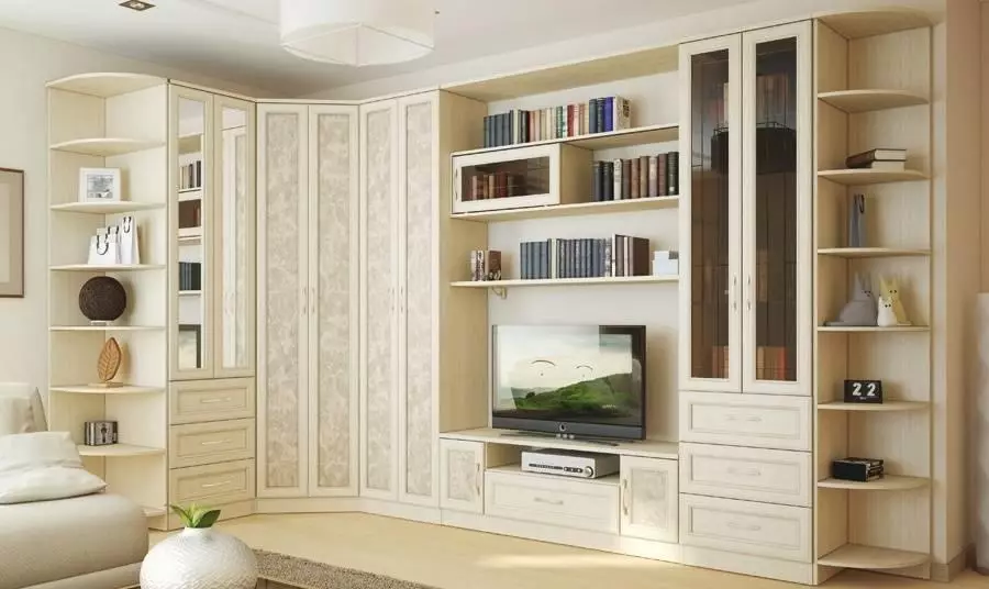 Hoekmuren in de woonkamer (80 foto's): Selecteer de moderne modulaire muren met een kledingkast en een mini-muur in de klassieke stijl 21241_22