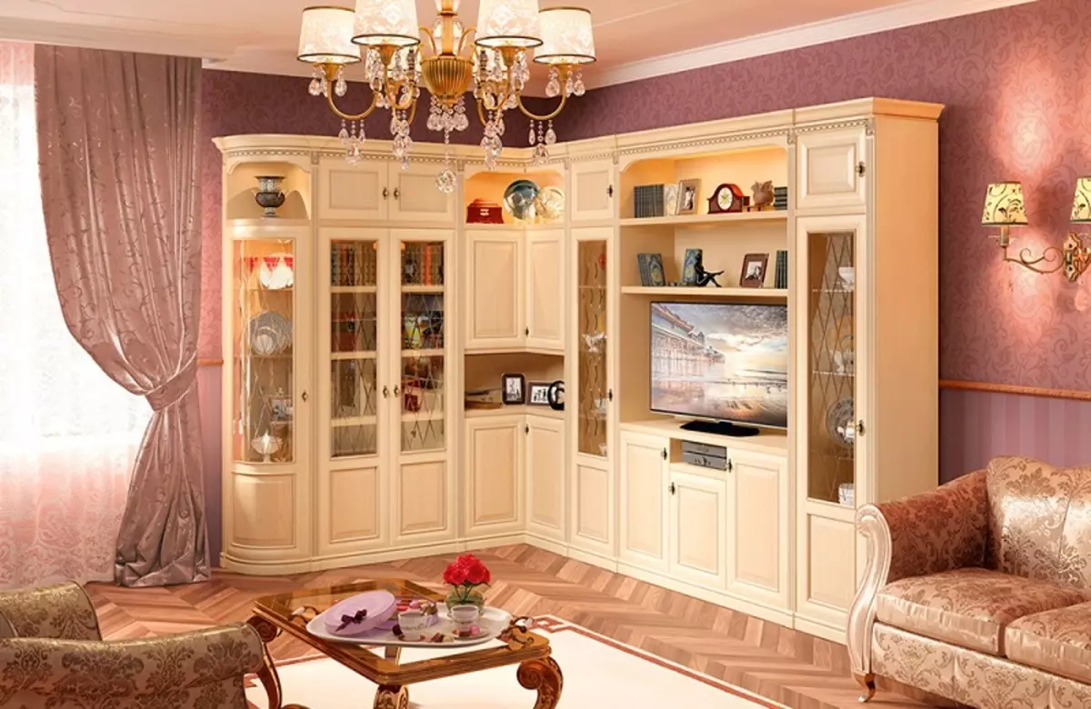 Eckwände im Wohnzimmer (80 Fotos): Wählen Sie die modernen modularen Wände mit einem Kleiderschrank und einer Mini-Mauer im klassischen Stil aus 21241_33