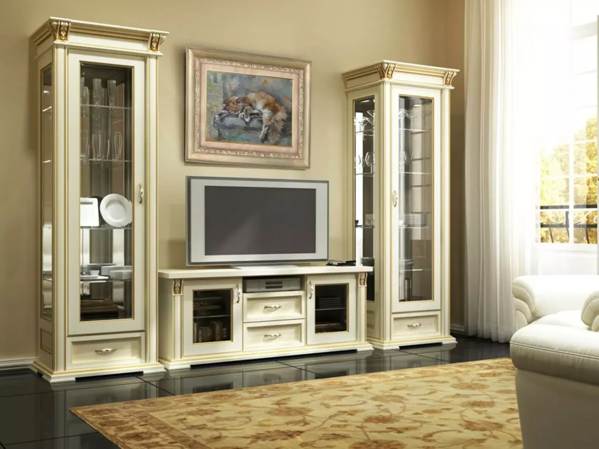 Gorki na sala de estar (95 fotos): Selecione armários para pratos e sob a TV no corredor. Slide paredes no estilo do clássico e outros 21243_65