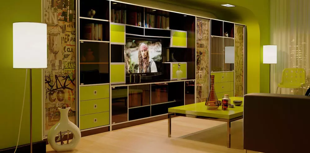 Kabinetti fil-living room (ritratti 69): wardrobe fuq il-ħajt kollu fil-sala u jitbandal mibnija fil-gwardarobbi, raġġ kabinett moderna u mudelli oħra 21248_52