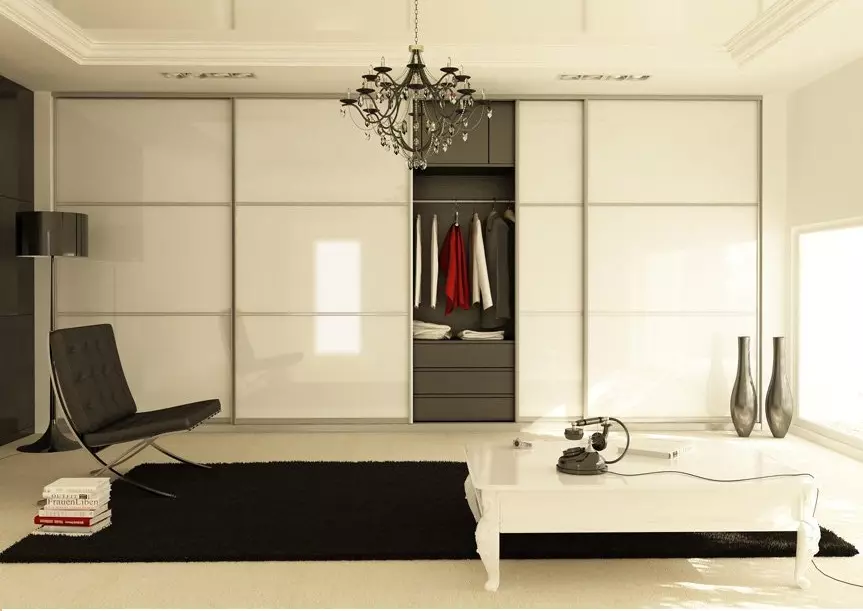 Tủ quần áo tủ quần áo trên toàn bộ bức tường trong phòng khách (61 ảnh): Tủ quần áo tích hợp với TV bên trong trong nội thất, thiết kế tủ gương cho một hội trường 21250_18