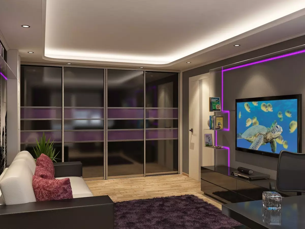 Ormar garderobe u cijelom zidu u dnevnoj sobi (61 fotografije): ugrađena garderoba s televizorom iznutra u unutrašnjosti, dizajn zrcalnog ormara za hodnik 21250_19