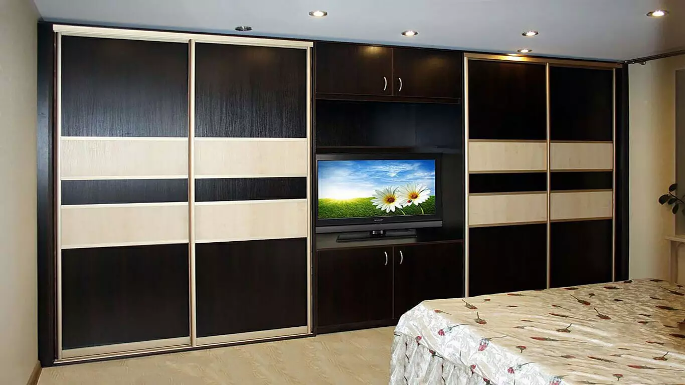 Tủ quần áo tủ quần áo trên toàn bộ bức tường trong phòng khách (61 ảnh): Tủ quần áo tích hợp với TV bên trong trong nội thất, thiết kế tủ gương cho một hội trường 21250_8