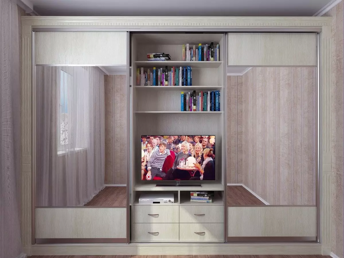 Vaatekaappi olohuoneessa TV: n alla (42 valokuvaa): Valitse kaappi koko seinään salissa, kulmikas kiinnittyminen ja sisäänrakennettu vaatekaappi 21258_39