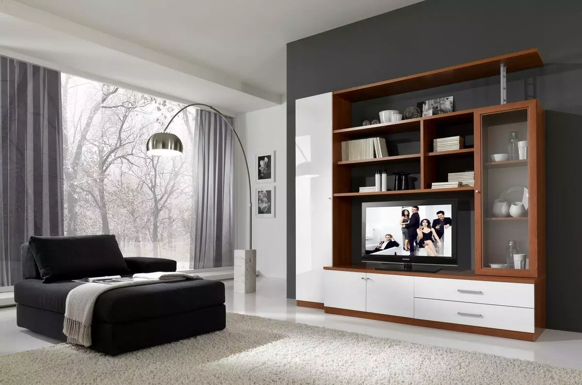 Vaatekaappi olohuoneessa TV: n alla (42 valokuvaa): Valitse kaappi koko seinään salissa, kulmikas kiinnittyminen ja sisäänrakennettu vaatekaappi 21258_7