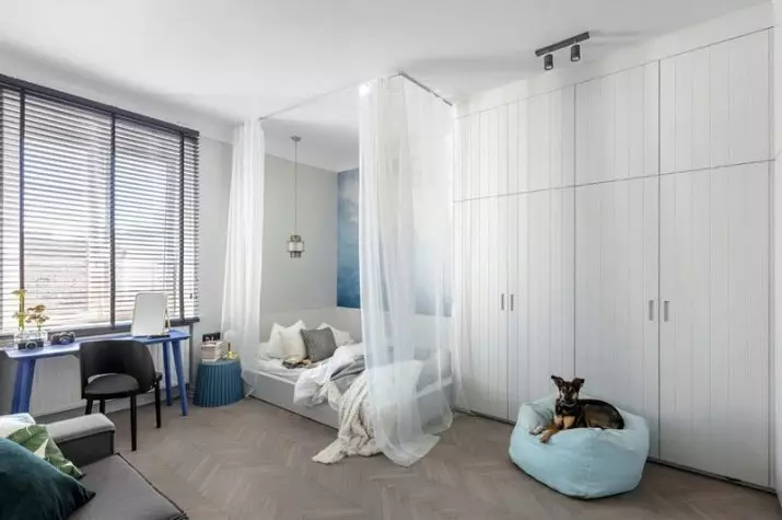 Zoning soveværelset med gardiner (45 billeder): Vælg filamentpartitioner for at adskille rummet til soveværelset og stuen. Hvordan med hjælp fra et gardin til at opdele rummet på zonen? 21268_2