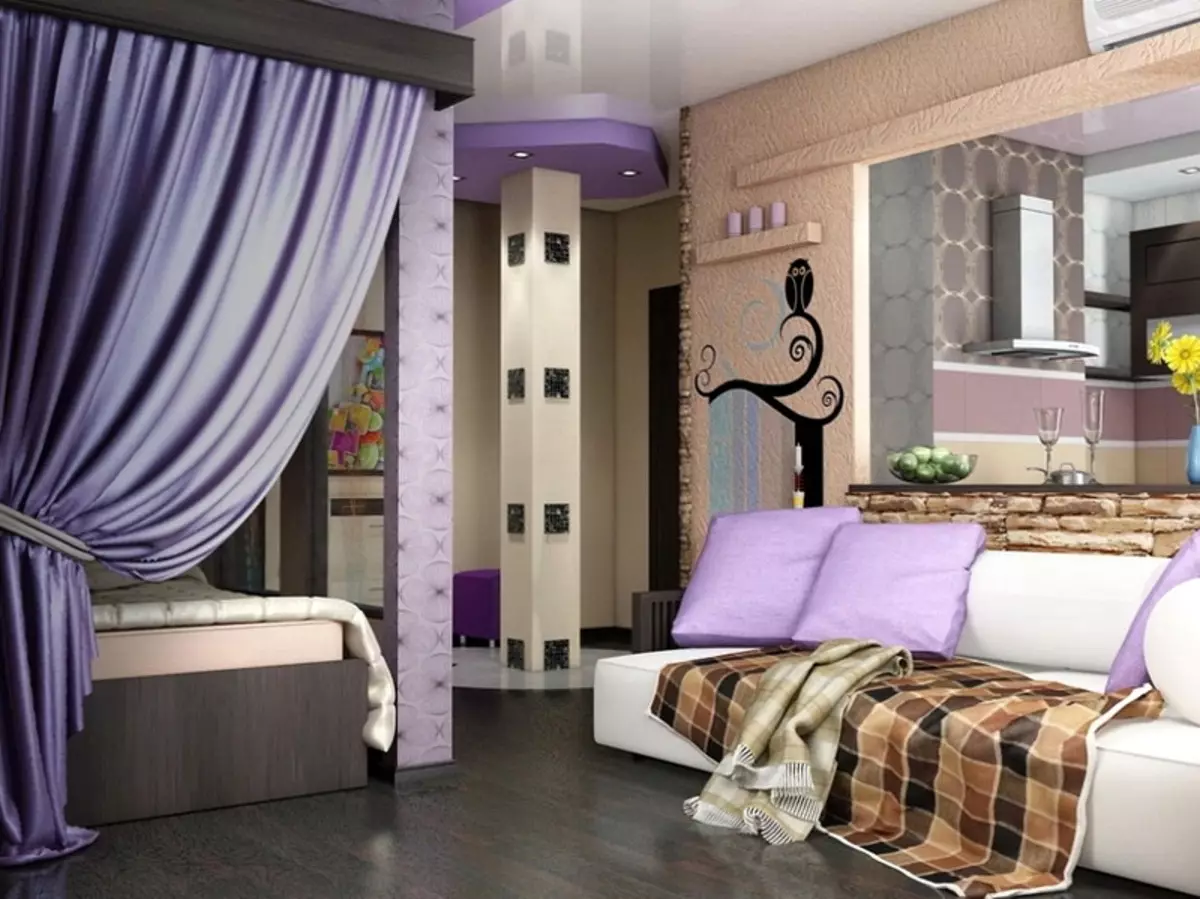 Zonēšana guļamistaba ar aizkariem (45 fotogrāfijas): izvēlieties kvēldiega starpsienas, lai atdalītu istabu uz guļamistabu un dzīvojamo istabu. Kā ar aizkaru palīdzību sadalīt telpu zonā? 21268_29