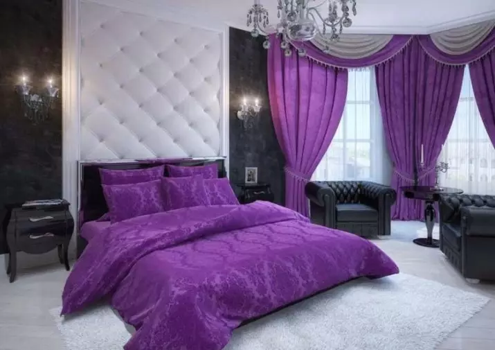 Violetti verhot makuuhuoneessa (38 kuvaa): violetti ja laventeli verhot valon värin valoilla makuuhuoneen sisustuksessa, luumut verhot 21272_16