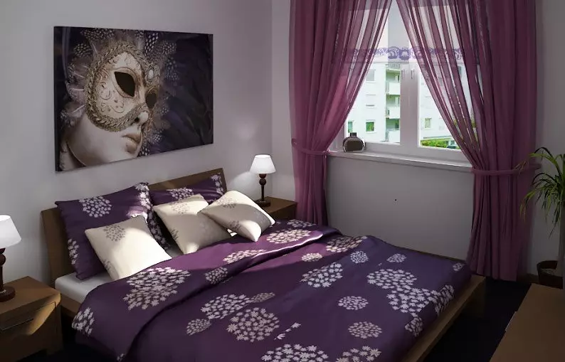 Purpura aizkari guļamistabā (38 fotoattēli): violeta un lavandas aizkari ar gaismas gaismas krāsu guļamistabas interjerā, plūmju aizkari 21272_17