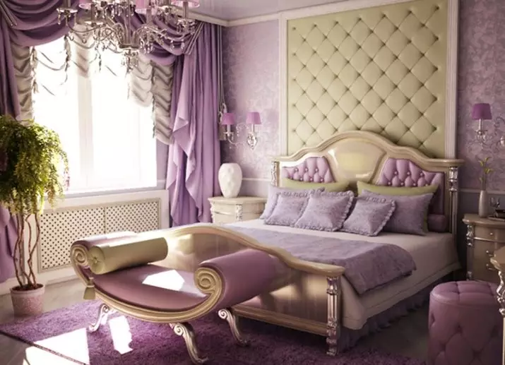 Lilla gardiner i soverommet (38 bilder): lilla og lavendel gardiner med lys av lys farge i soverommet interiør, plomme gardiner 21272_30