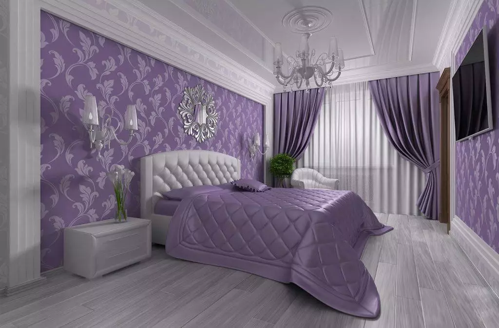 Lilla gardiner i soveværelset (38 billeder): lilla og lavendel gardiner med lys af lys farve i soveværelset interiør, blomme gardiner 21272_4