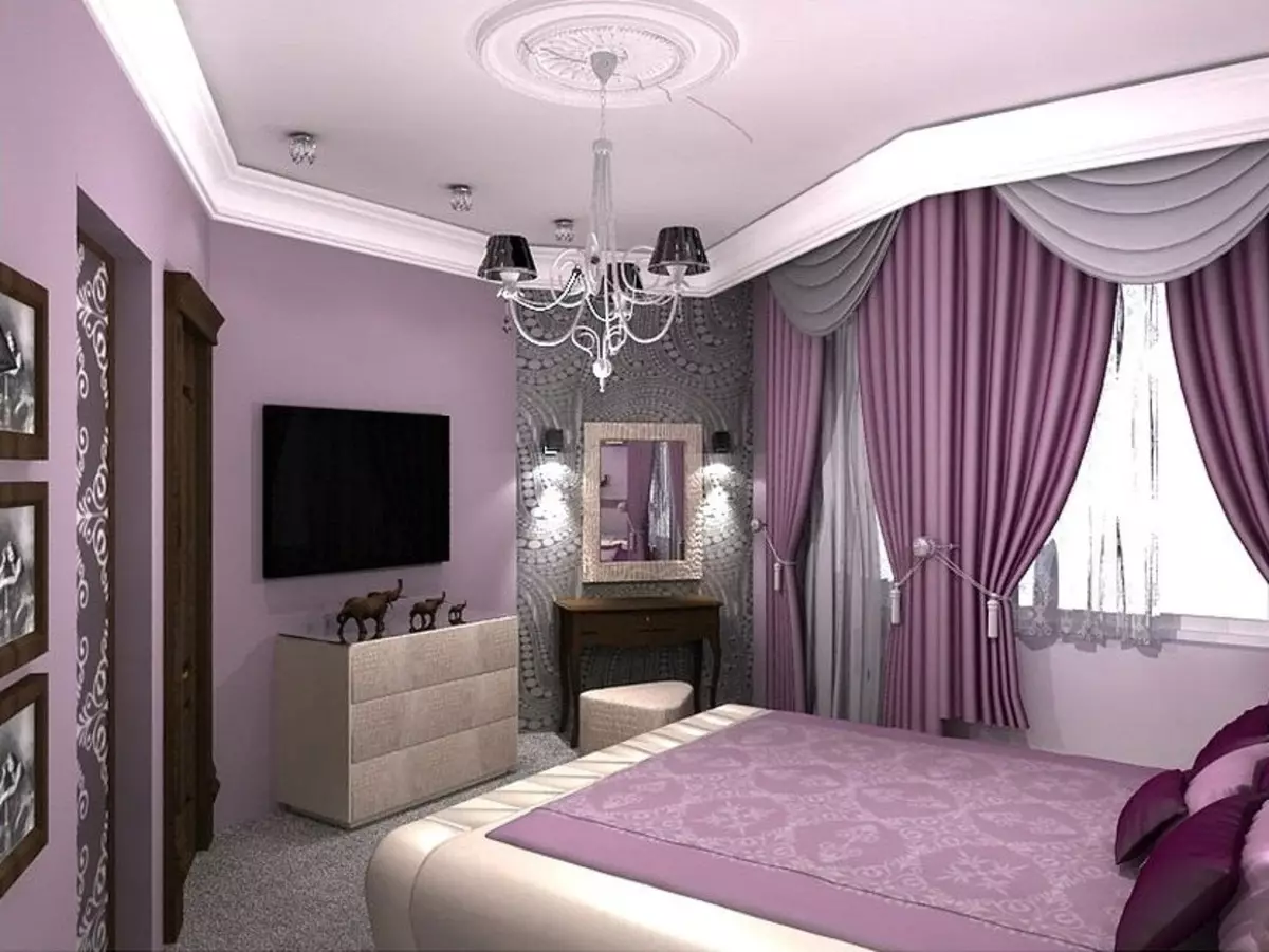 Purple ფარდები საძინებელში (38 ფოტო): მეწამული და ლავანდის ფარდები საძინებელი ინტერიერის სინათლის ფერის განათებით, ქლიავის ფარდები 21272_6