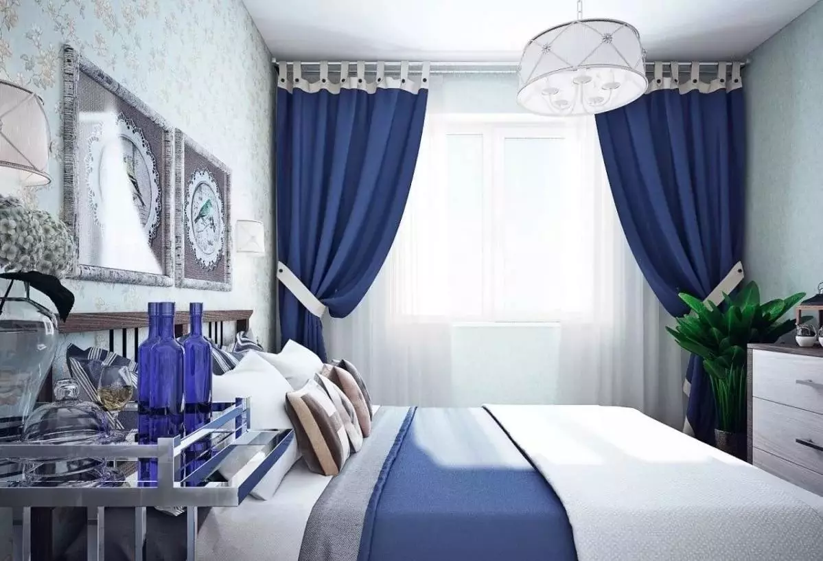 Mga kurtina sa Blue Bedroom (27 Mga Litrato): Unsang mga landong ang angay alang sa wallpaper nga asul? 21285_19