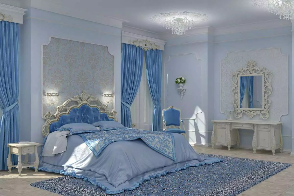 Aizkari zilajā guļamistabā (27 fotogrāfijas): kādi toņi ir piemēroti zilā tapetei? 21285_22