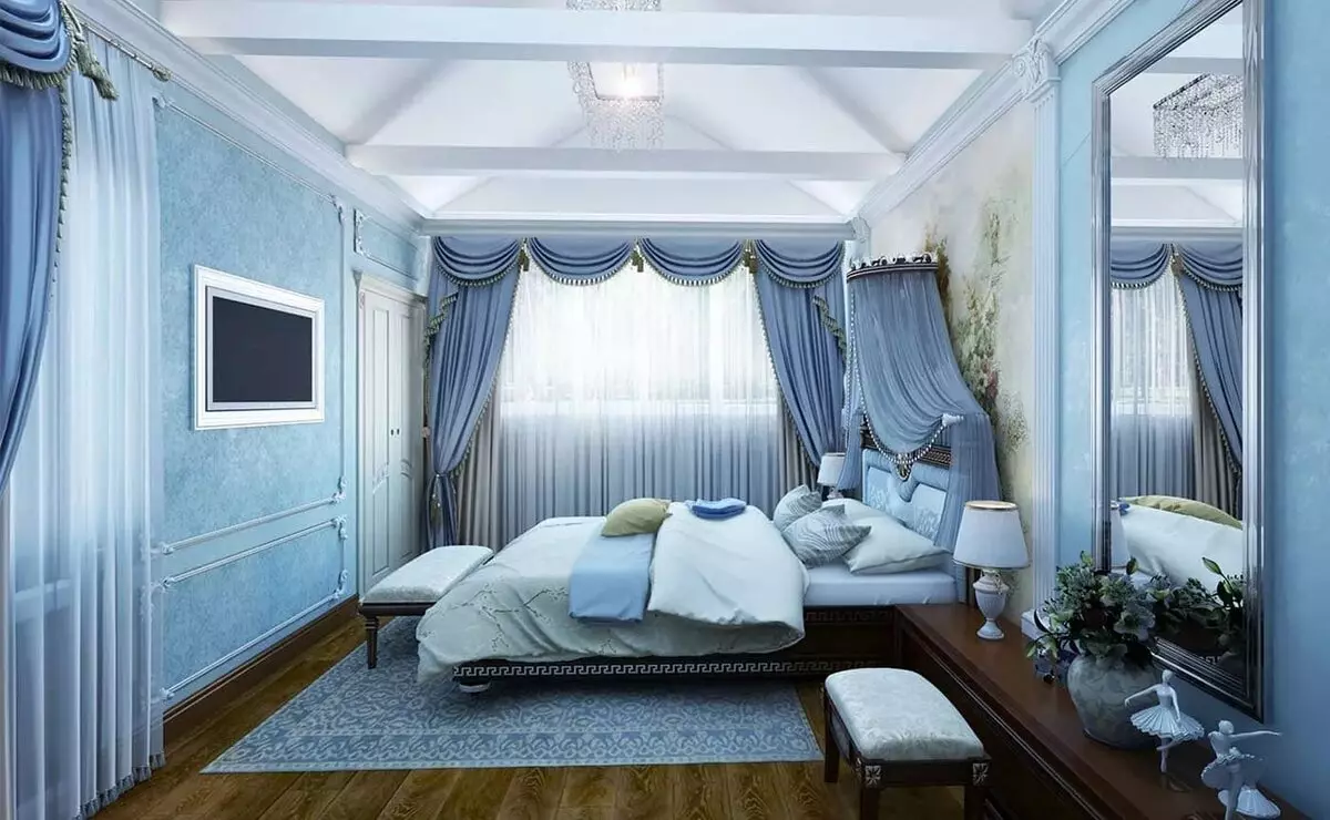 Κουρτίνες στο μπλε υπνοδωμάτιο (27 φωτογραφίες): Τι αποχρώσεις είναι κατάλληλες για ταπετσαρία μπλε; 21285_4