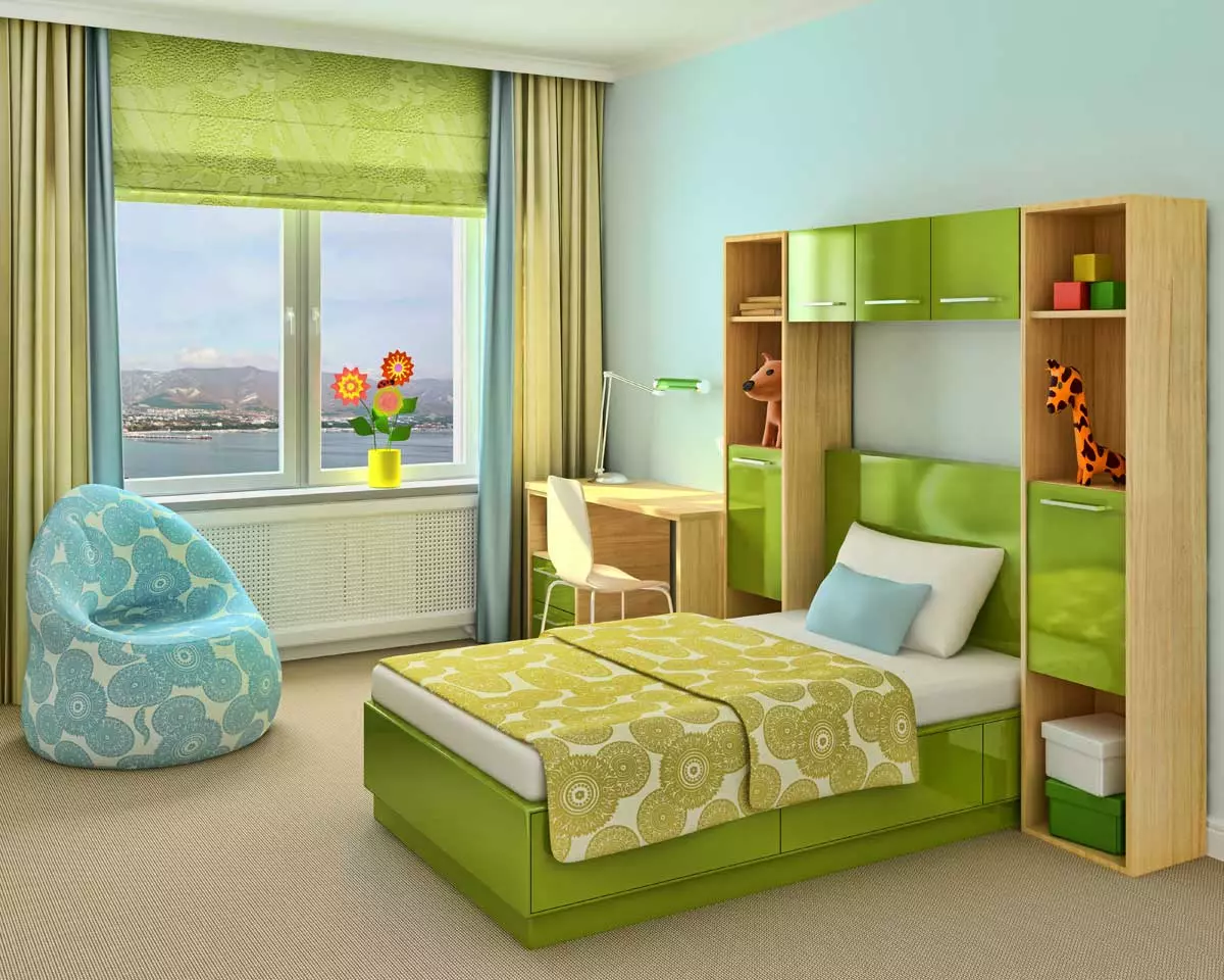 Rohelised kardinad magamistoas (58 fotot): piparmündi ja heleroheliste kardinate interjöörid, smaragd kardinad ja tumerohelised kardinad, muud valikud 21286_15