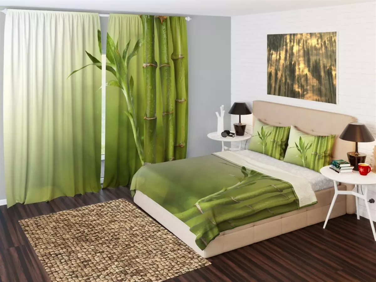 Tirai Hijau di dalam bilik tidur (58 foto): dalaman dengan pudina dan langsir hijau terang, reka bentuk dengan langsir zamrud dan langsir hijau gelap, pilihan lain 21286_22