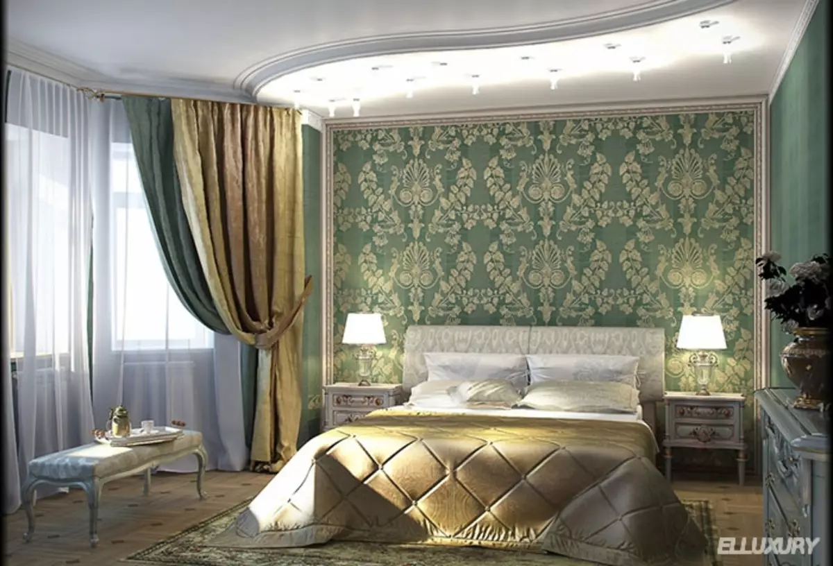 Žaliosios užuolaidos miegamajame (58 nuotraukos): interjeras su mėtų ir šviesiai žalios užuolaidos, dizainas su smaragdų užuolaidomis ir tamsiai žalios užuolaidos, kitos parinktys 21286_27