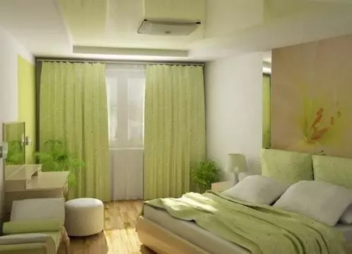 Green curtains sa bedroom (58 mga larawan): Interiors na may mint at light green curtains, disenyo na may esmeralda curtains at dark green curtains, iba pang mga pagpipilian 21286_3