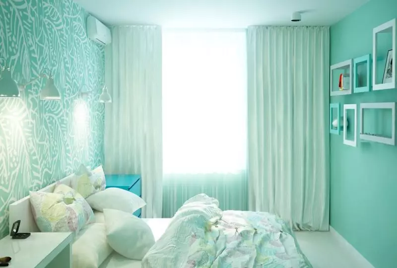 Зелени завеси в спалнята (58 снимки): интериор с мента и леки зелени завеси, дизайн с изумрудени завеси и тъмно зелени завеси, и други опции 21286_36