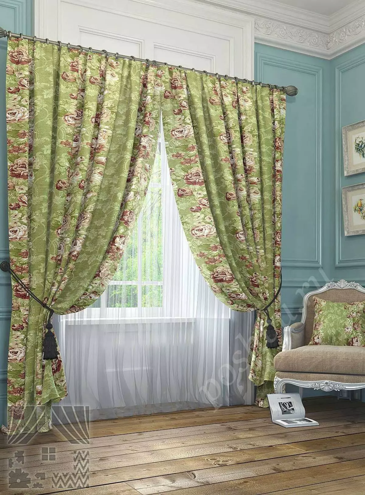 Green curtains sa bedroom (58 mga larawan): Interiors na may mint at light green curtains, disenyo na may esmeralda curtains at dark green curtains, iba pang mga pagpipilian 21286_40