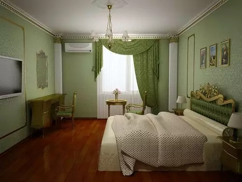 Green curtains sa bedroom (58 mga larawan): Interiors na may mint at light green curtains, disenyo na may esmeralda curtains at dark green curtains, iba pang mga pagpipilian 21286_55