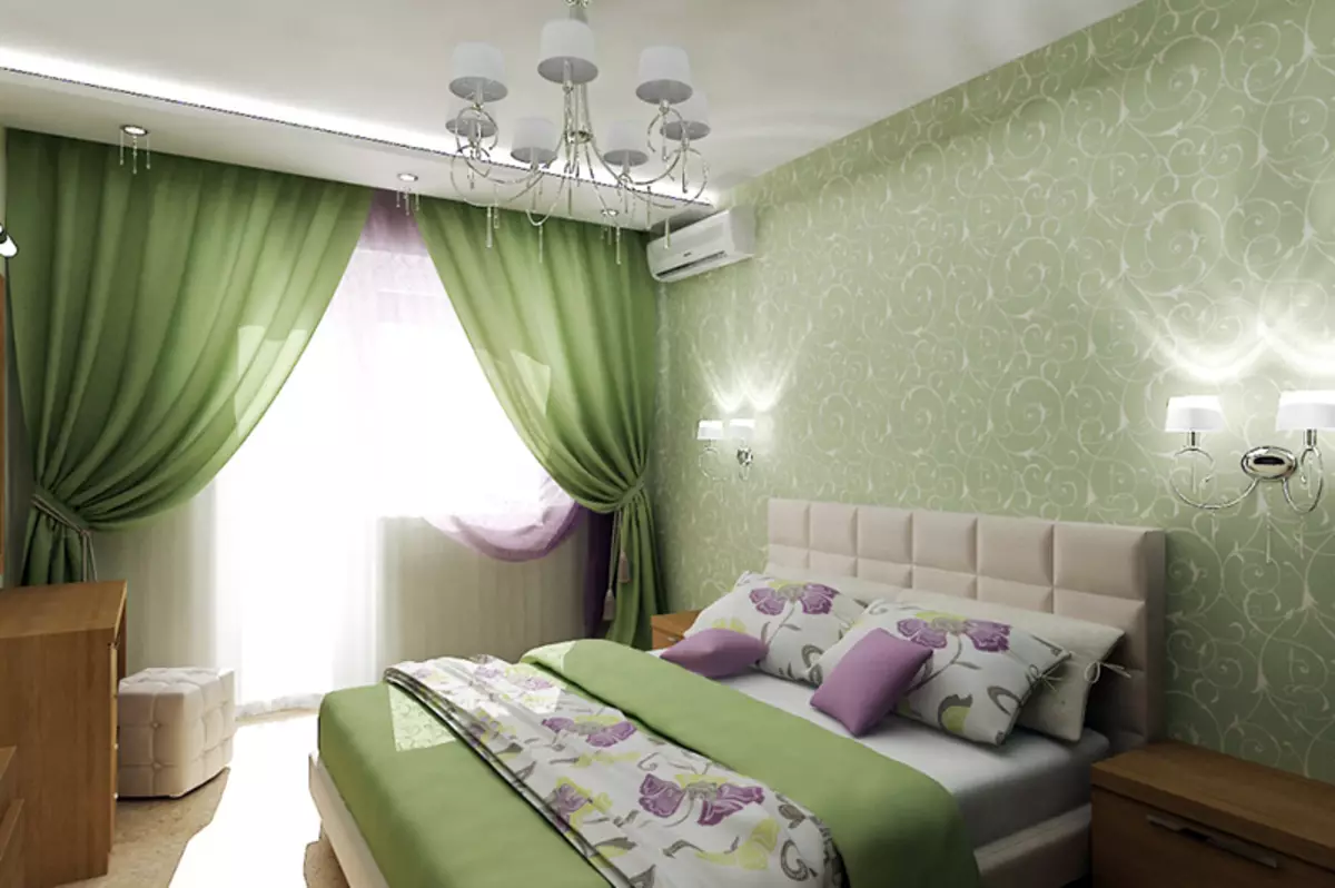 Tirai Hijau di dalam bilik tidur (58 foto): dalaman dengan pudina dan langsir hijau terang, reka bentuk dengan langsir zamrud dan langsir hijau gelap, pilihan lain 21286_7