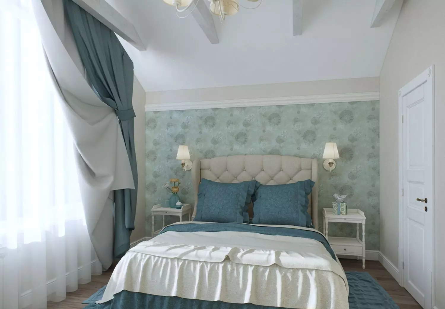 Cortines en un dormitori de la llum (45 fotos): Què cortines encaixen en el dormitori amb mobles de color blanc? Disseny i el color de la cortina 21292_3