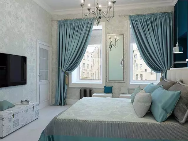 Färggardiner i sovrummet (61 bilder): Hur man väljer en lämplig nyans? Hur man väljer en solig gardiner? De mest lämpliga kombinationerna av toner av gardiner, tapeter och möbler 21293_15