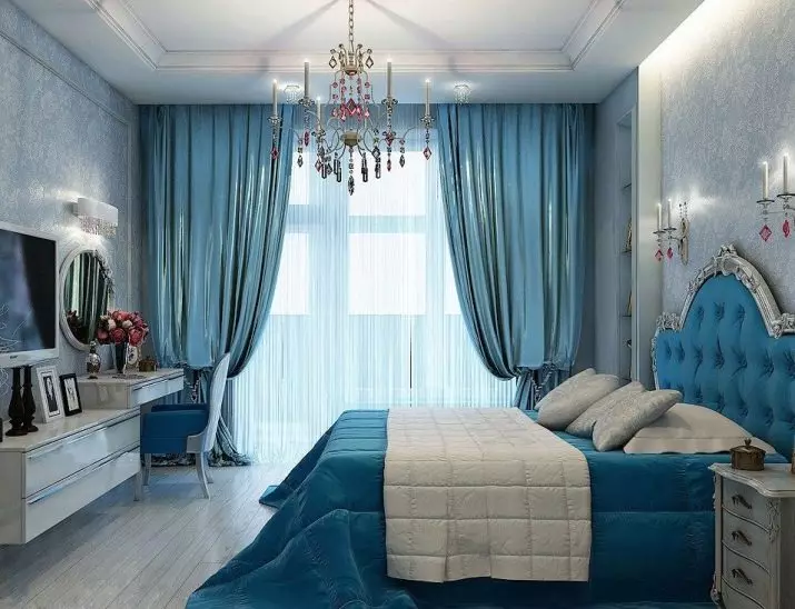 Färggardiner i sovrummet (61 bilder): Hur man väljer en lämplig nyans? Hur man väljer en solig gardiner? De mest lämpliga kombinationerna av toner av gardiner, tapeter och möbler 21293_44