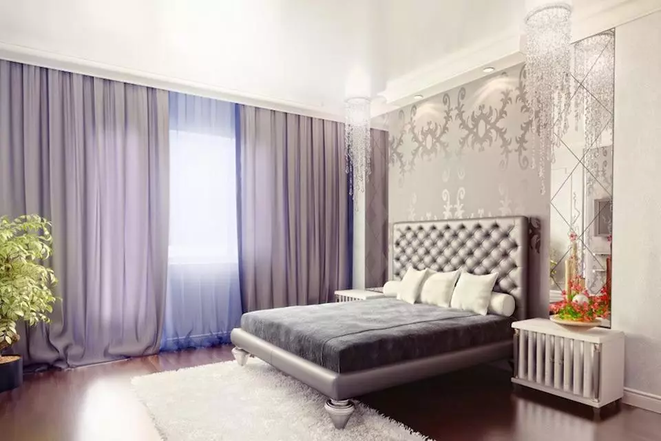 Färggardiner i sovrummet (61 bilder): Hur man väljer en lämplig nyans? Hur man väljer en solig gardiner? De mest lämpliga kombinationerna av toner av gardiner, tapeter och möbler 21293_49