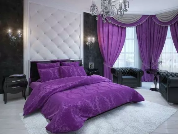 Färggardiner i sovrummet (61 bilder): Hur man väljer en lämplig nyans? Hur man väljer en solig gardiner? De mest lämpliga kombinationerna av toner av gardiner, tapeter och möbler 21293_50
