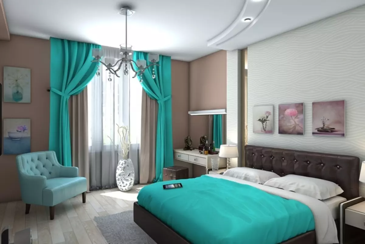 Färggardiner i sovrummet (61 bilder): Hur man väljer en lämplig nyans? Hur man väljer en solig gardiner? De mest lämpliga kombinationerna av toner av gardiner, tapeter och möbler 21293_53
