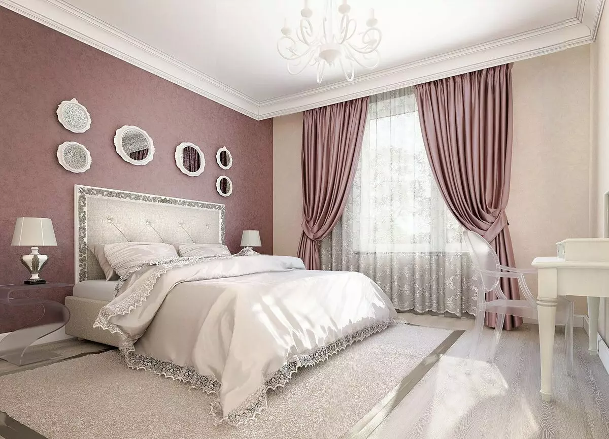 Färggardiner i sovrummet (61 bilder): Hur man väljer en lämplig nyans? Hur man väljer en solig gardiner? De mest lämpliga kombinationerna av toner av gardiner, tapeter och möbler 21293_6