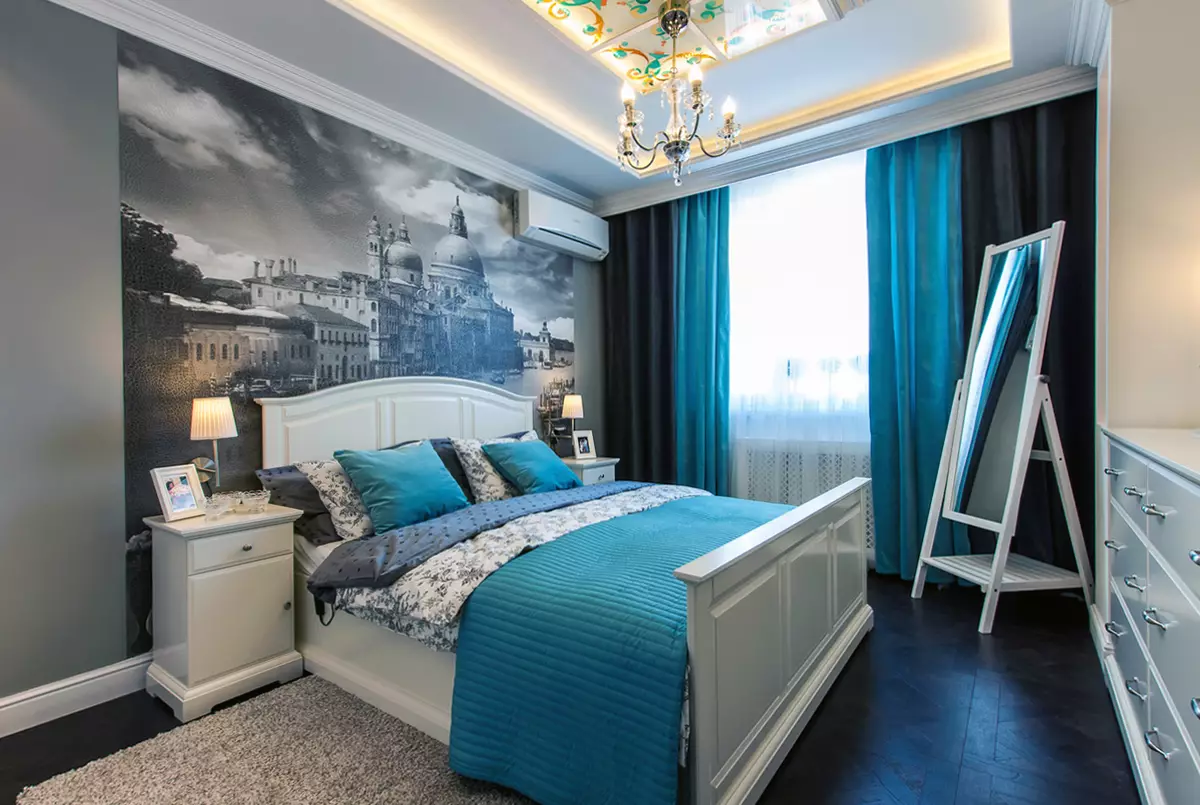 Färggardiner i sovrummet (61 bilder): Hur man väljer en lämplig nyans? Hur man väljer en solig gardiner? De mest lämpliga kombinationerna av toner av gardiner, tapeter och möbler 21293_8