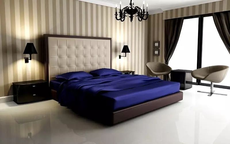 Färggardiner i sovrummet (61 bilder): Hur man väljer en lämplig nyans? Hur man väljer en solig gardiner? De mest lämpliga kombinationerna av toner av gardiner, tapeter och möbler 21293_9
