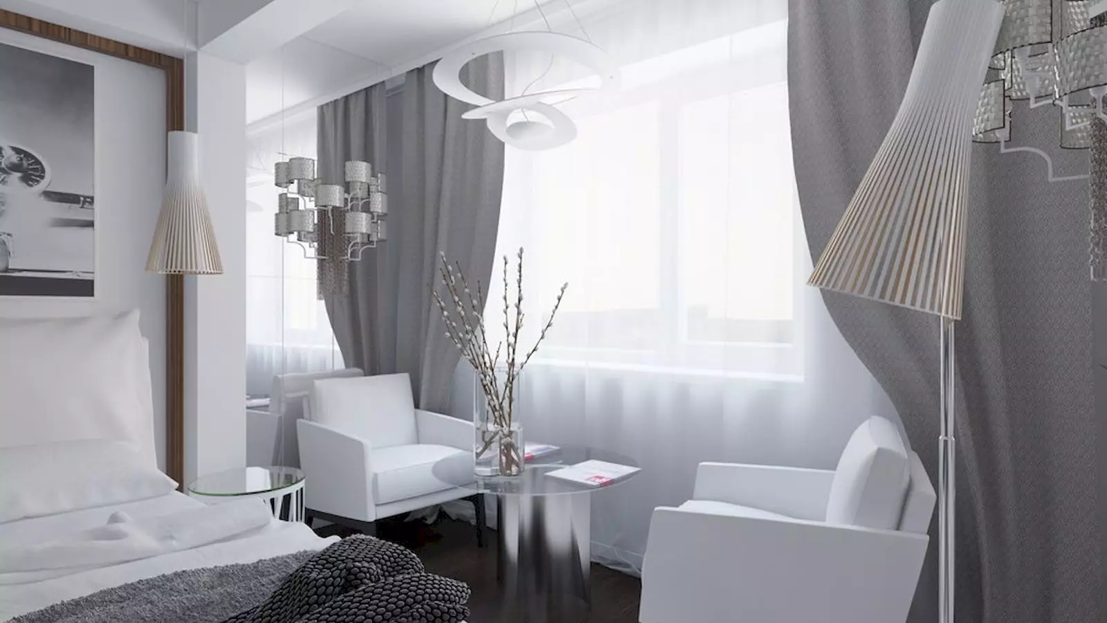 침실의 흰색 커튼 (35 사진) : 흑백과 흰색 커튼이있는 아름다운 인테리어의 예, 흥미로운 새로운 항목 21295_16