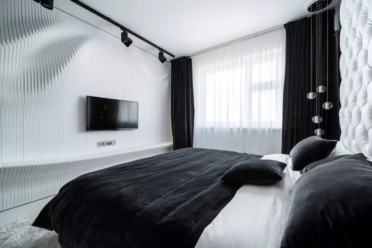 Langsir putih di dalam bilik tidur (35 gambar): Contoh dalaman yang indah dengan langsir hitam dan putih dan putih, item baru yang menarik 21295_30