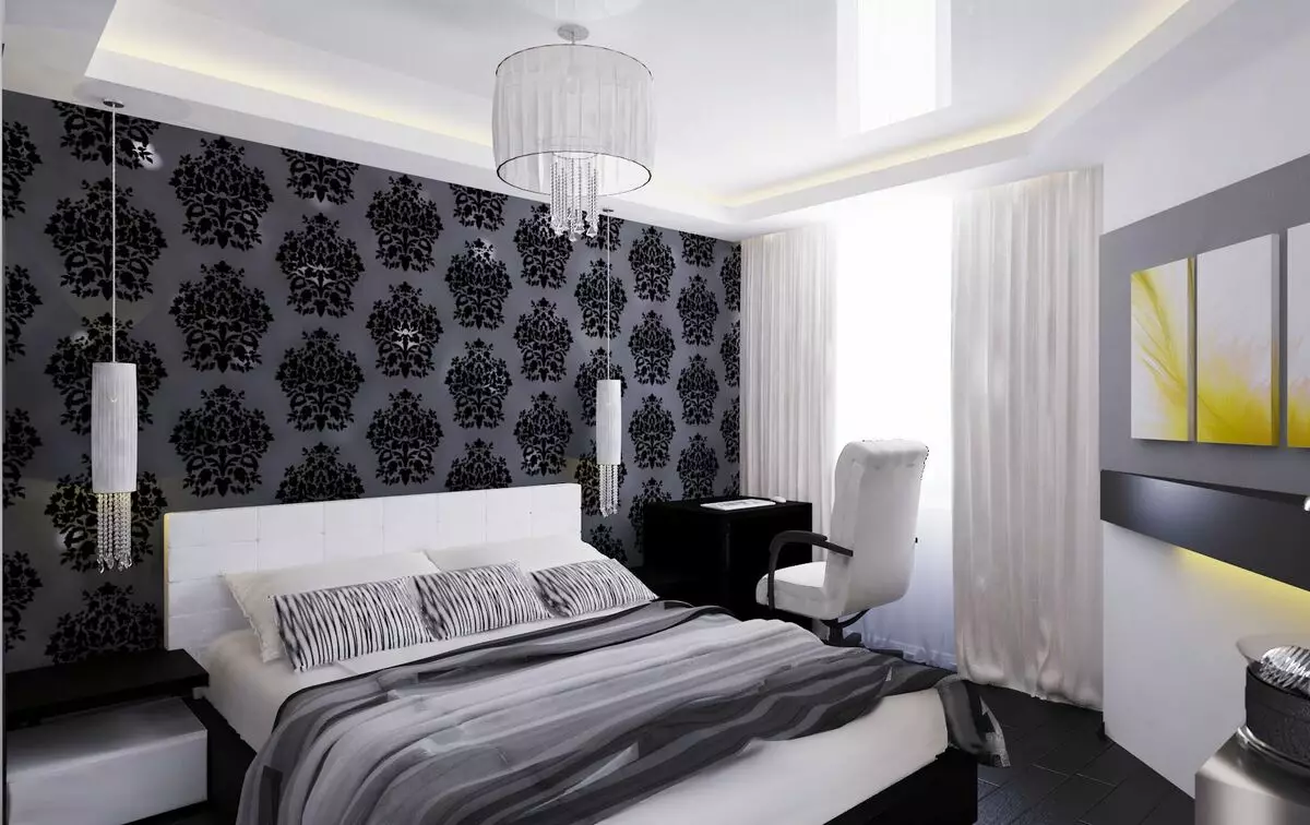Perde të bardha në dhomën e gjumit (35 foto): Shembuj të një brendshme të bukur me perde të zeza dhe të bardha dhe të bardha, artikuj të rinj interesantë 21295_6