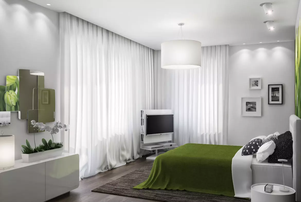 Hvite gardiner i soverommet (35 bilder): Eksempler på et vakkert interiør med svart og hvitt og hvitt gardiner, interessante nye gjenstander 21295_7