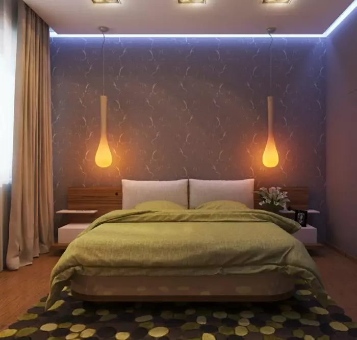 Rov v spalnici nad posteljo (54 fotografij): moderne stenske svetilke. Kakšna je višina od njih, da jih obesite? Pravilna namestitev suspenzij 21303_20