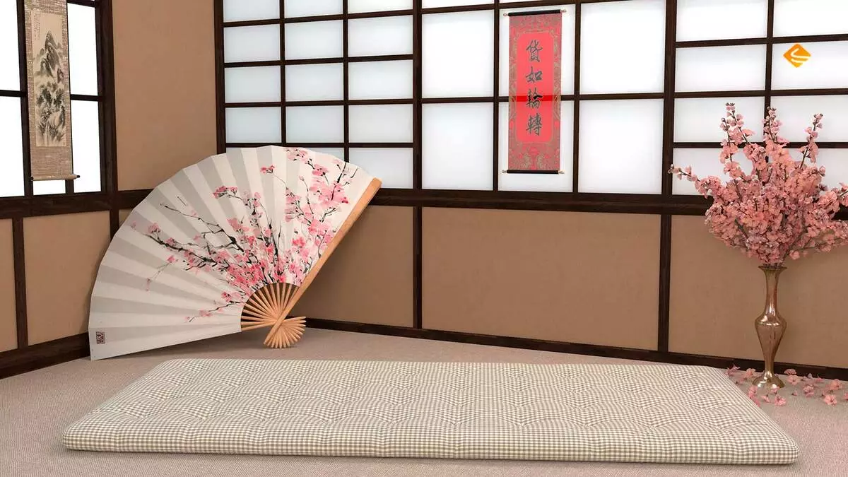 Dyshek për gjumë në dysheme: dyshekë në natyrë japoneze në vend të shtretërve për mysafirët, modelet e larta dhe të tjera, shembuj në brendësi 21322_43