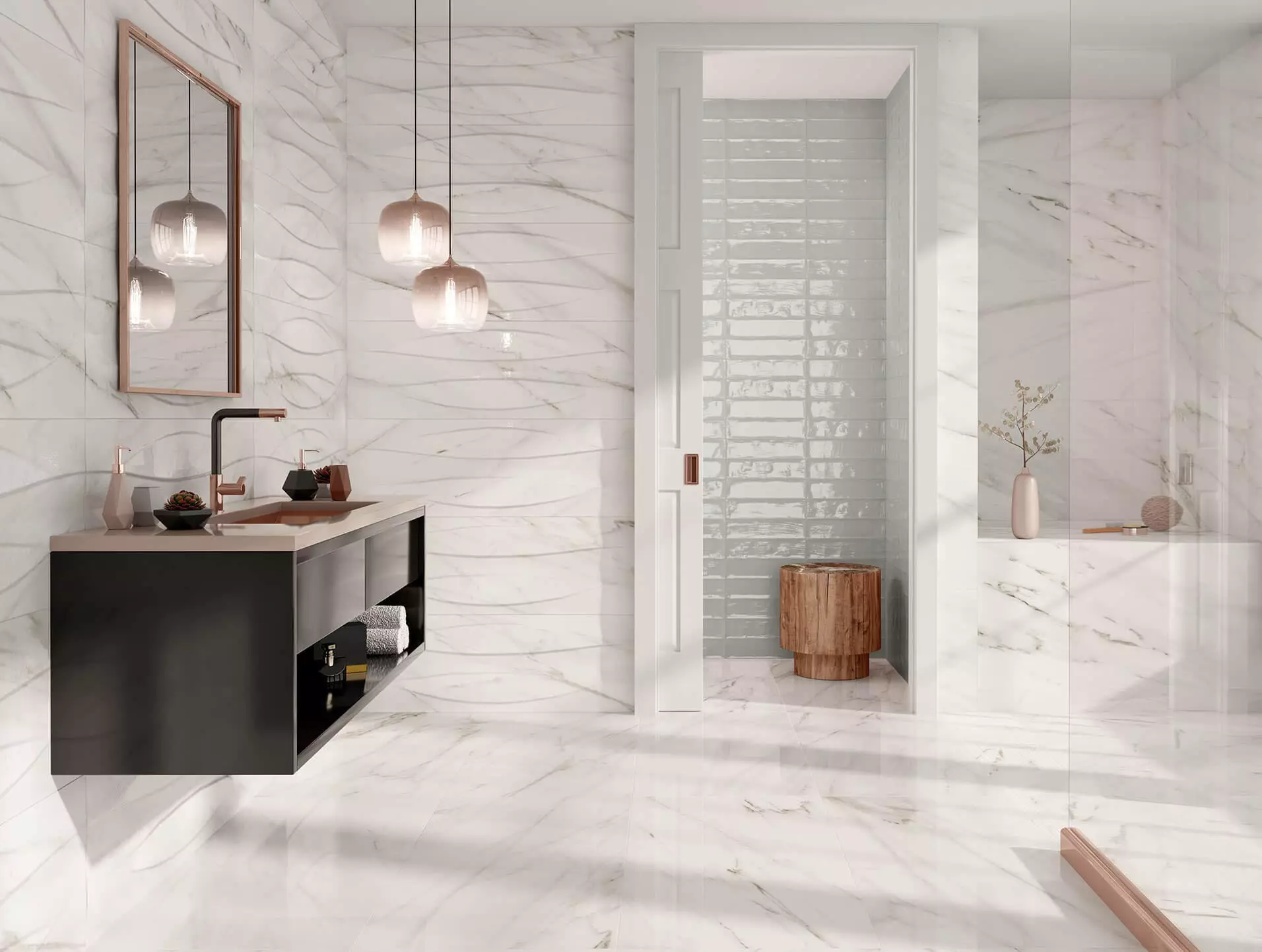 Mramorové obklady do kúpeľne (54 fotografií): keramická dlažba pod mramorovou kúpeľňou, Design biele a zelené mramorové obklady v interiéri, ďalšími možnosťami 21357_16