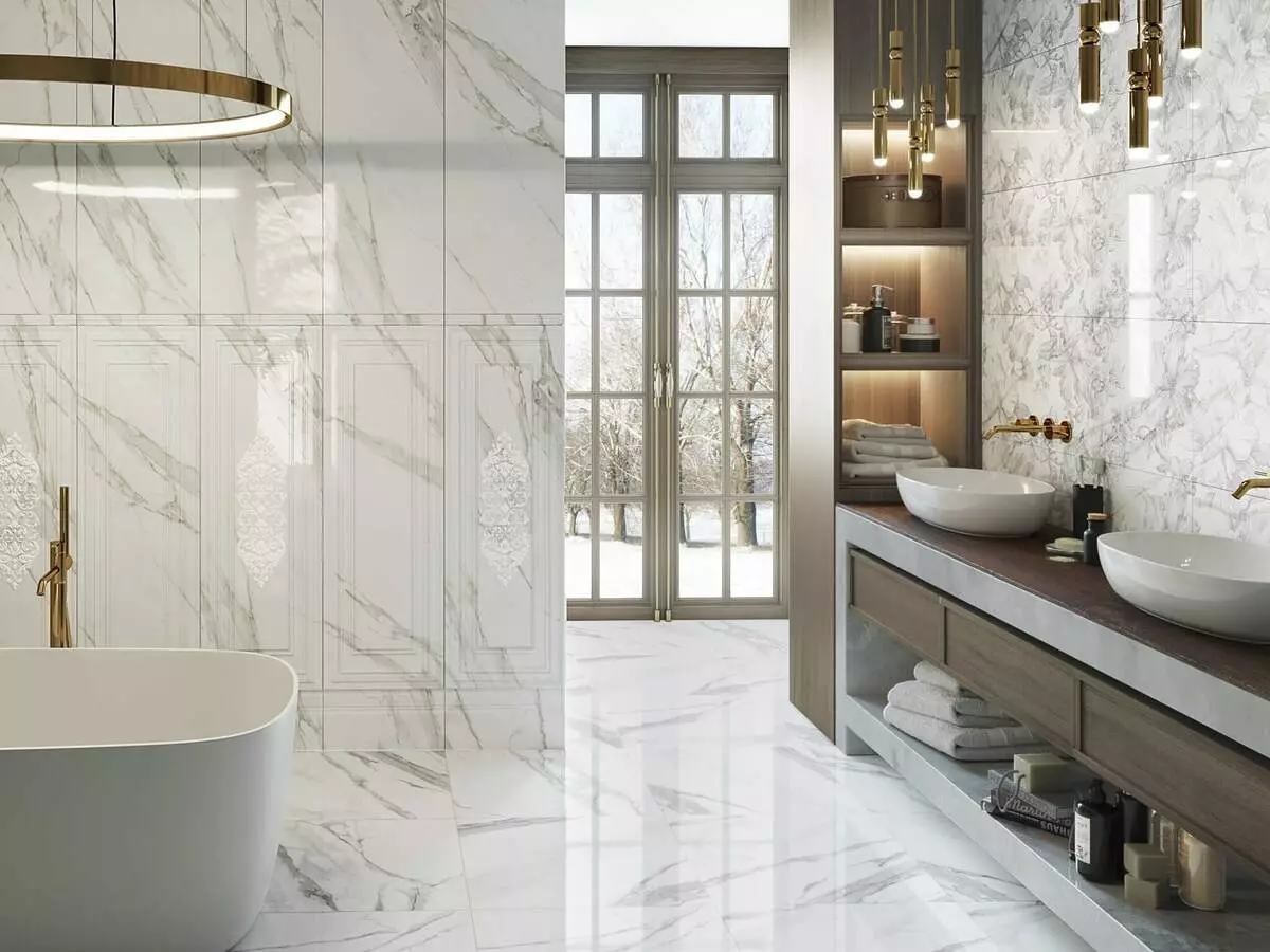 Tuile de marbre pour la salle de bain (54 photos): carreaux de céramique sous la salle de bains en marbre, conception de carreaux de marbre blanc et vert à l'intérieur, autres options 21357_40