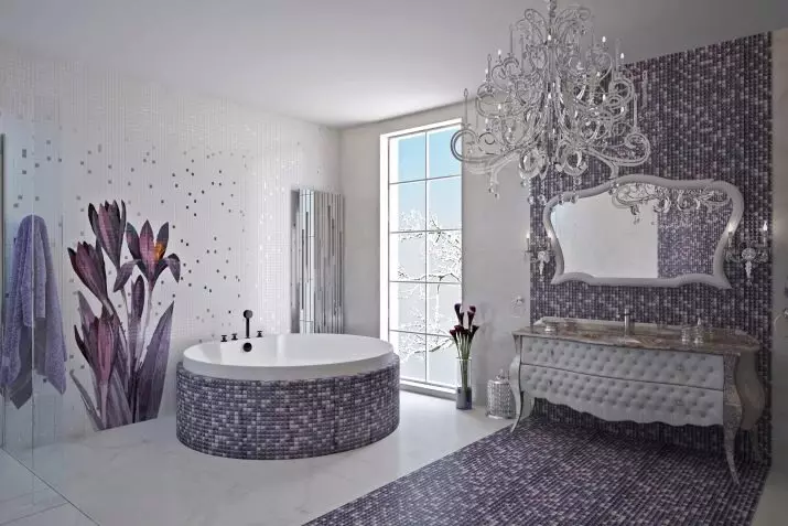 Tile mozaik za kopalnico (125 fotografij): Oblika prostora z mozaičnimi ploščicami na tleh, samolepilne ploščice v notranjosti, keramične in plastične, steklene ploščice in druge možnosti 21358_105