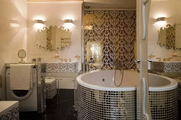 Tile mozaik za kopalnico (125 fotografij): Oblika prostora z mozaičnimi ploščicami na tleh, samolepilne ploščice v notranjosti, keramične in plastične, steklene ploščice in druge možnosti 21358_110