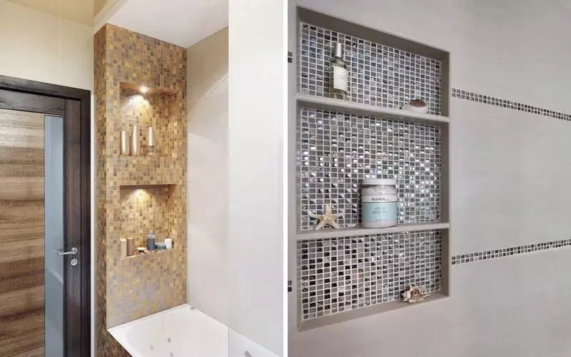 Tile mozaik za kopalnico (125 fotografij): Oblika prostora z mozaičnimi ploščicami na tleh, samolepilne ploščice v notranjosti, keramične in plastične, steklene ploščice in druge možnosti 21358_12