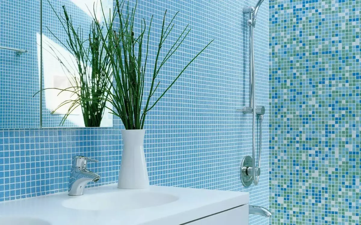 Tile mozaik za kopalnico (125 fotografij): Oblika prostora z mozaičnimi ploščicami na tleh, samolepilne ploščice v notranjosti, keramične in plastične, steklene ploščice in druge možnosti 21358_28