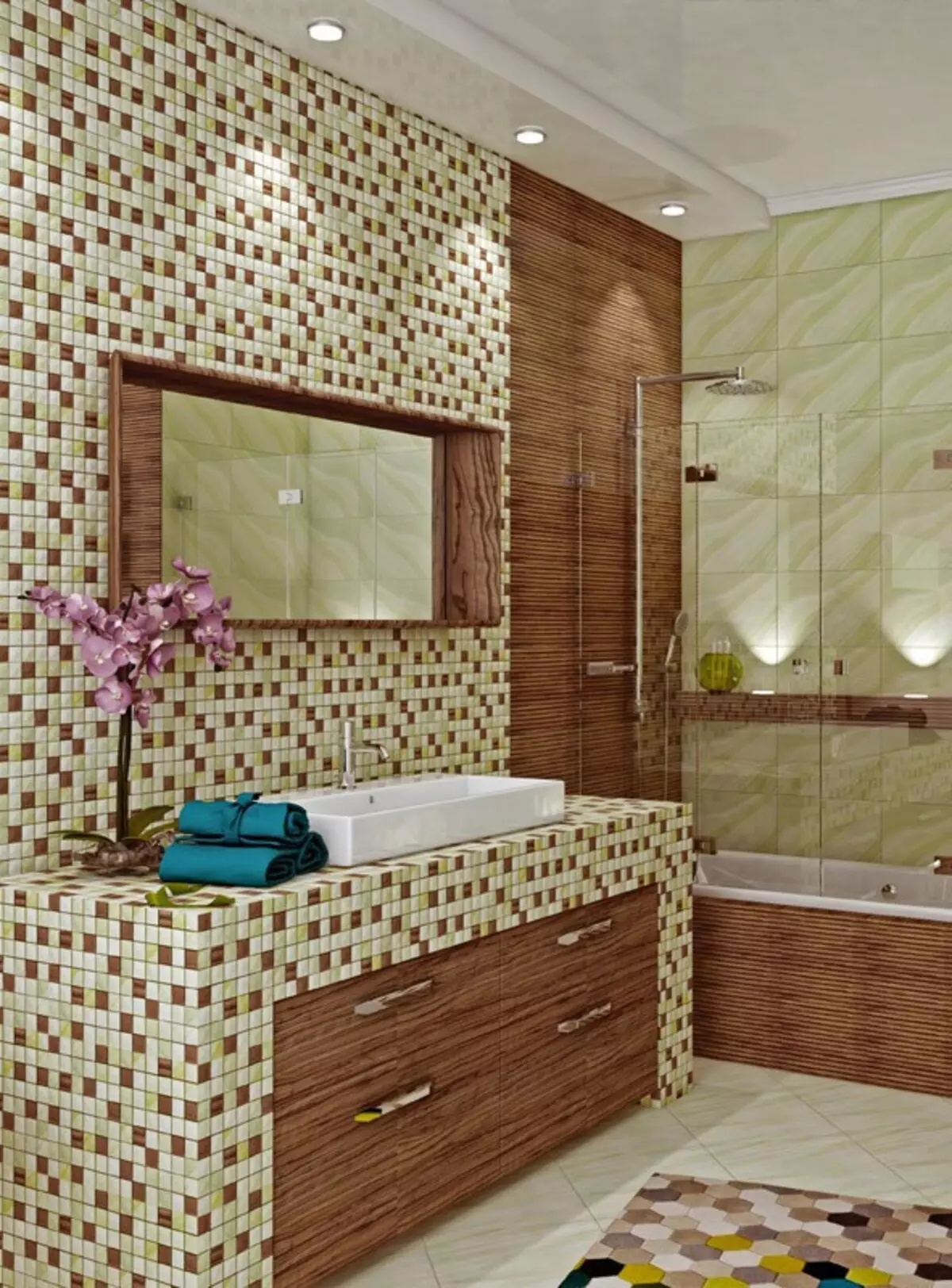 Tile mozaik za kopalnico (125 fotografij): Oblika prostora z mozaičnimi ploščicami na tleh, samolepilne ploščice v notranjosti, keramične in plastične, steklene ploščice in druge možnosti 21358_3